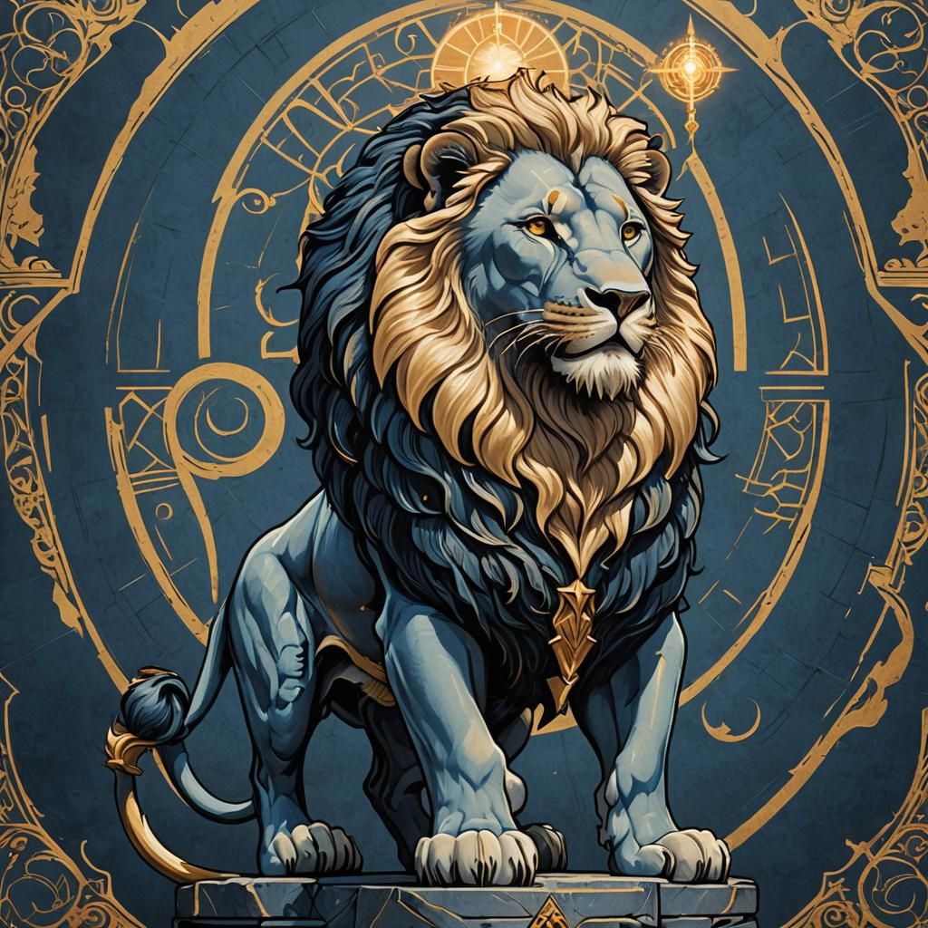Majestic Blue Lion and Lighthouse Emblem in Fantasy Art
