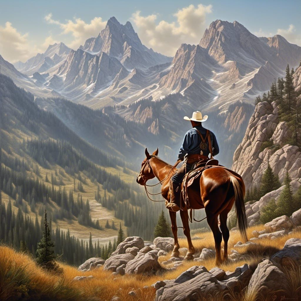 Cowboy on Horseback: Mountain Meadow Vista