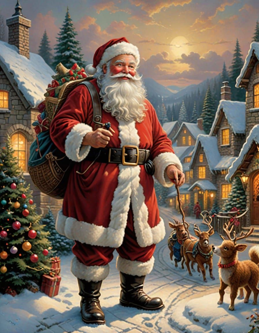 Santa Claus in a Cozy, Light-Filled Village Scene