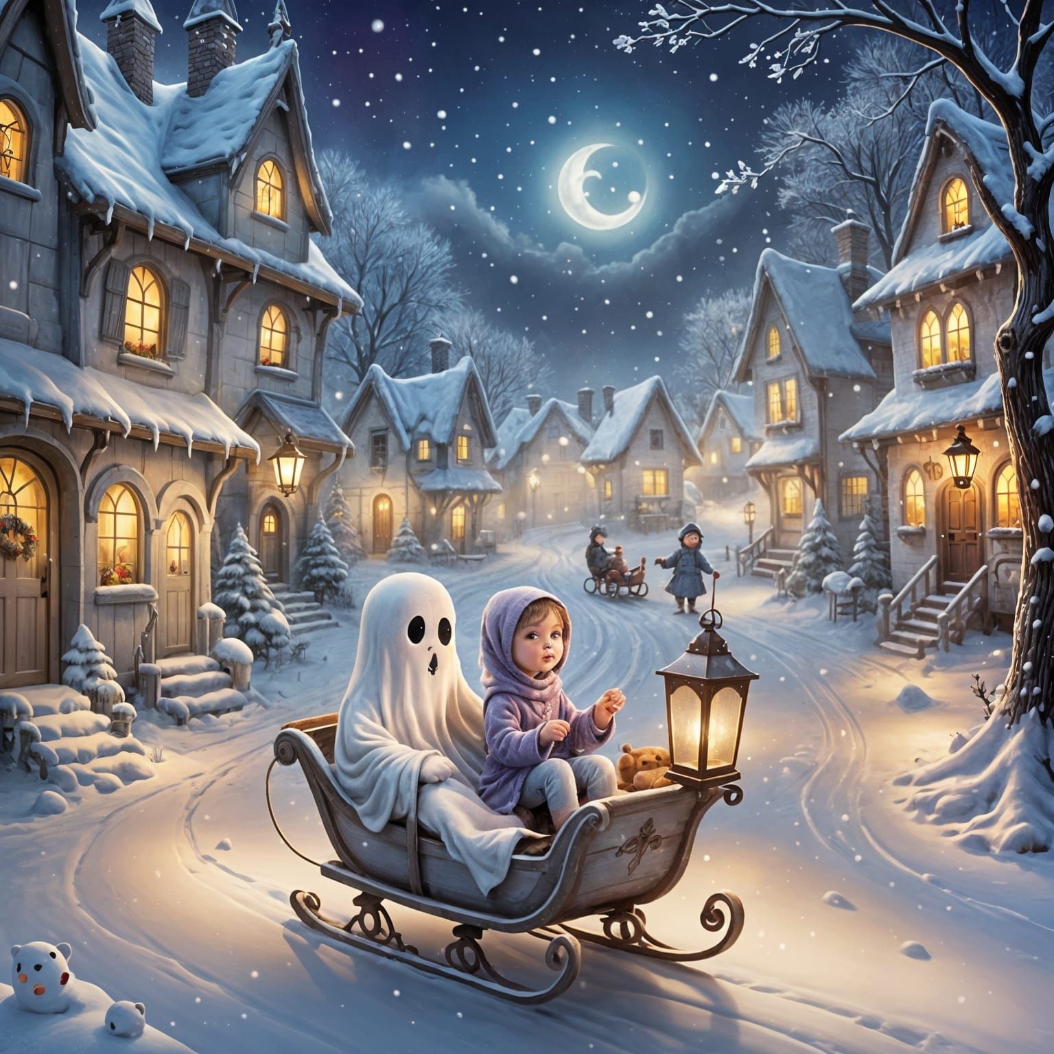 Ghostly Fun: Winter Village Night Scene