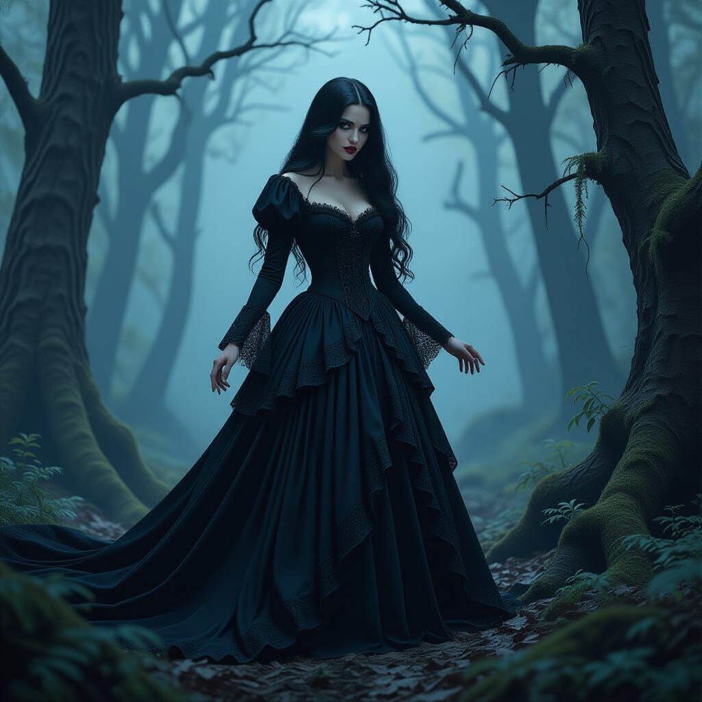 Gothic Maiden Unleashing Inner Monster in Eerie Forest