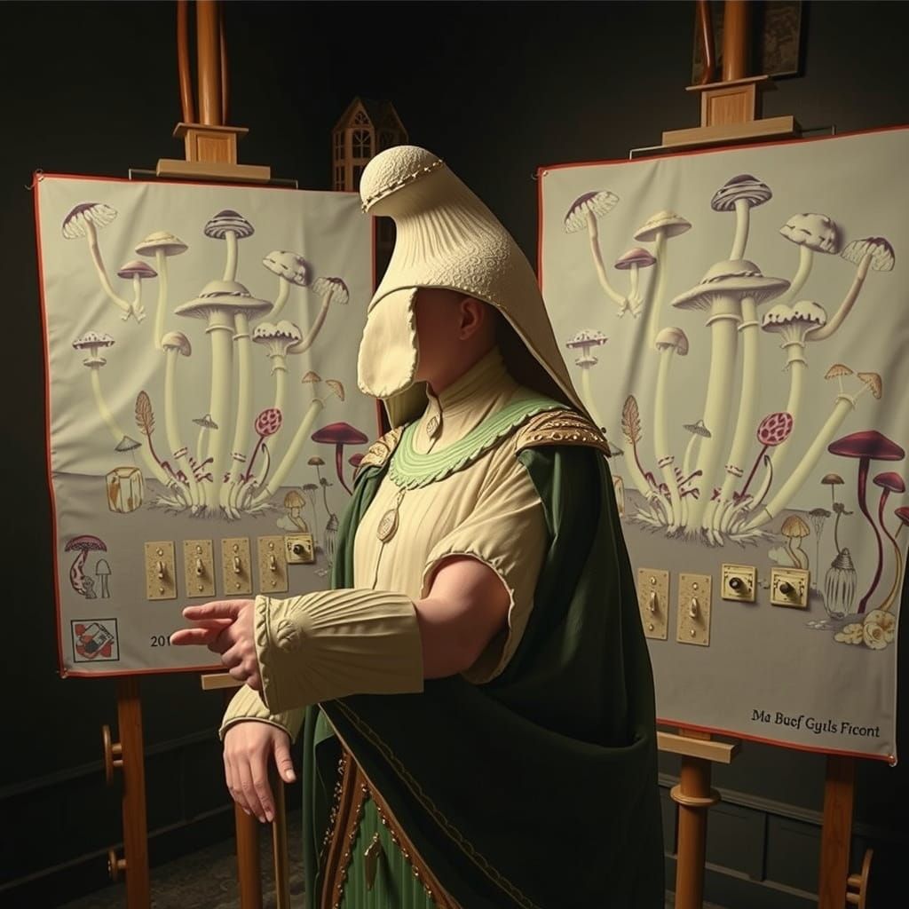 Surreal Mushroom Flags in Retro-Futuristic Scene