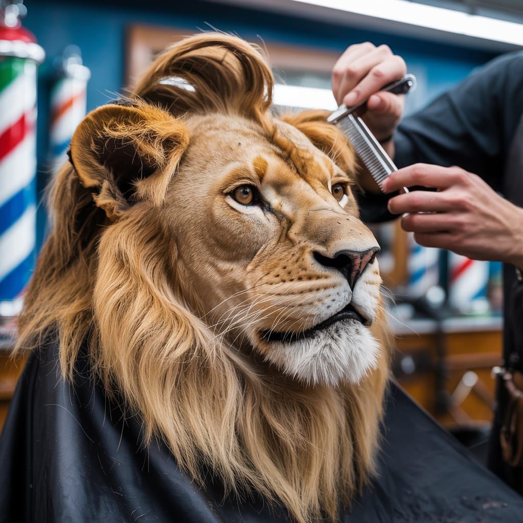 Lion Gets a Haircut in Barbershop: Cinematic Portrait