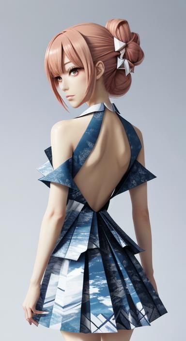 Anime Style Backless Dress with Origami Paper Folds