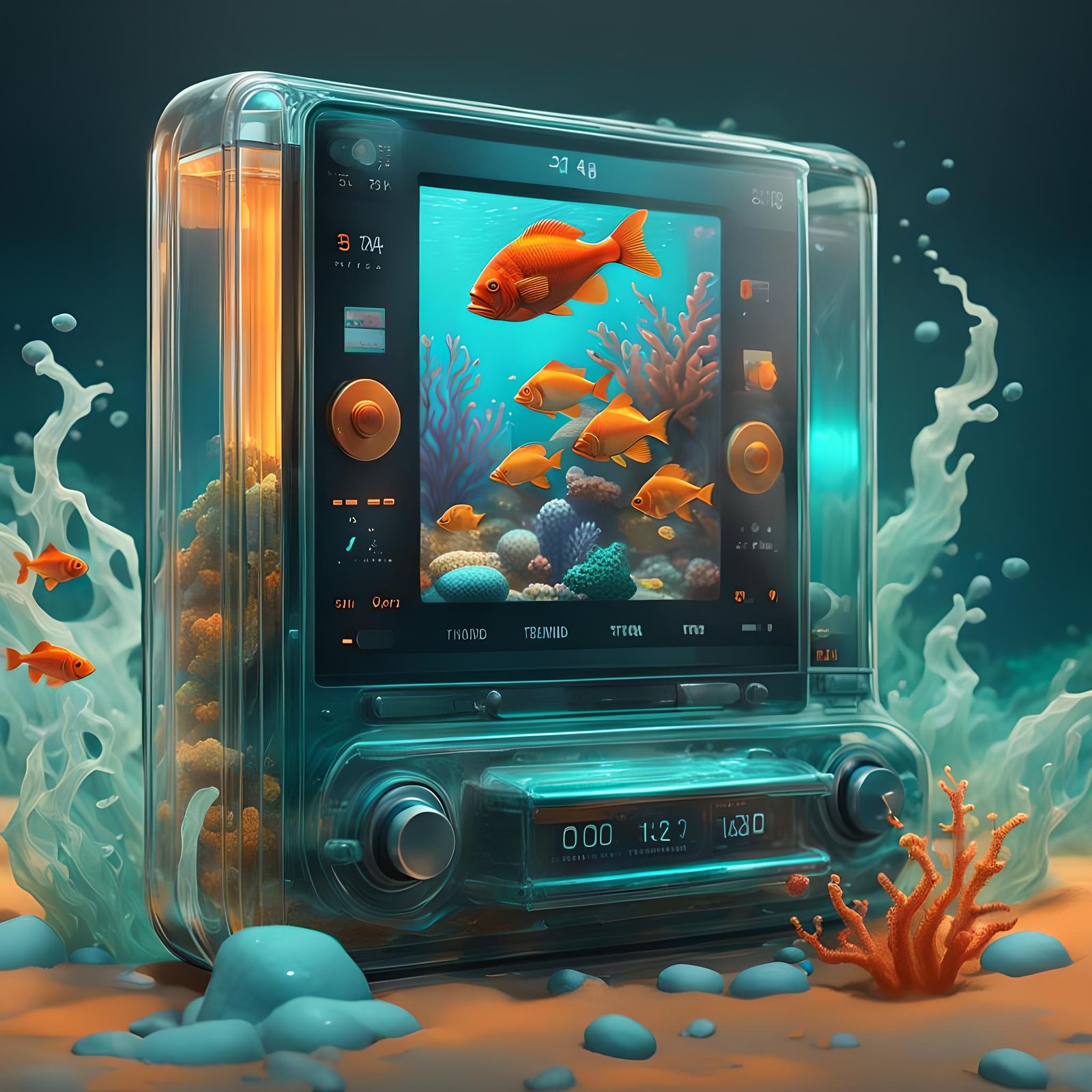 Teal and Orange Ocean Theme Music Player in Gouache