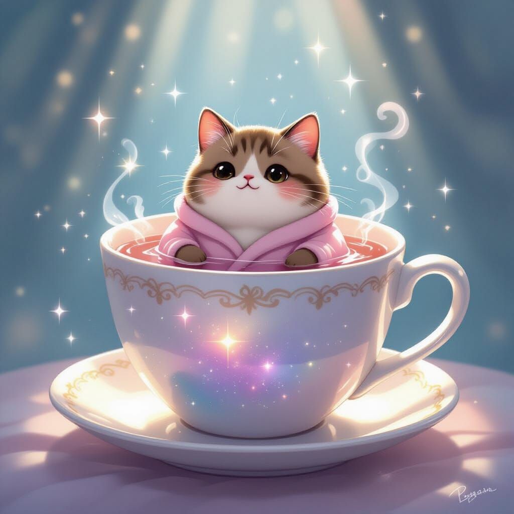 Pusheen's Galaxy Tea Bath in Whimsical Style