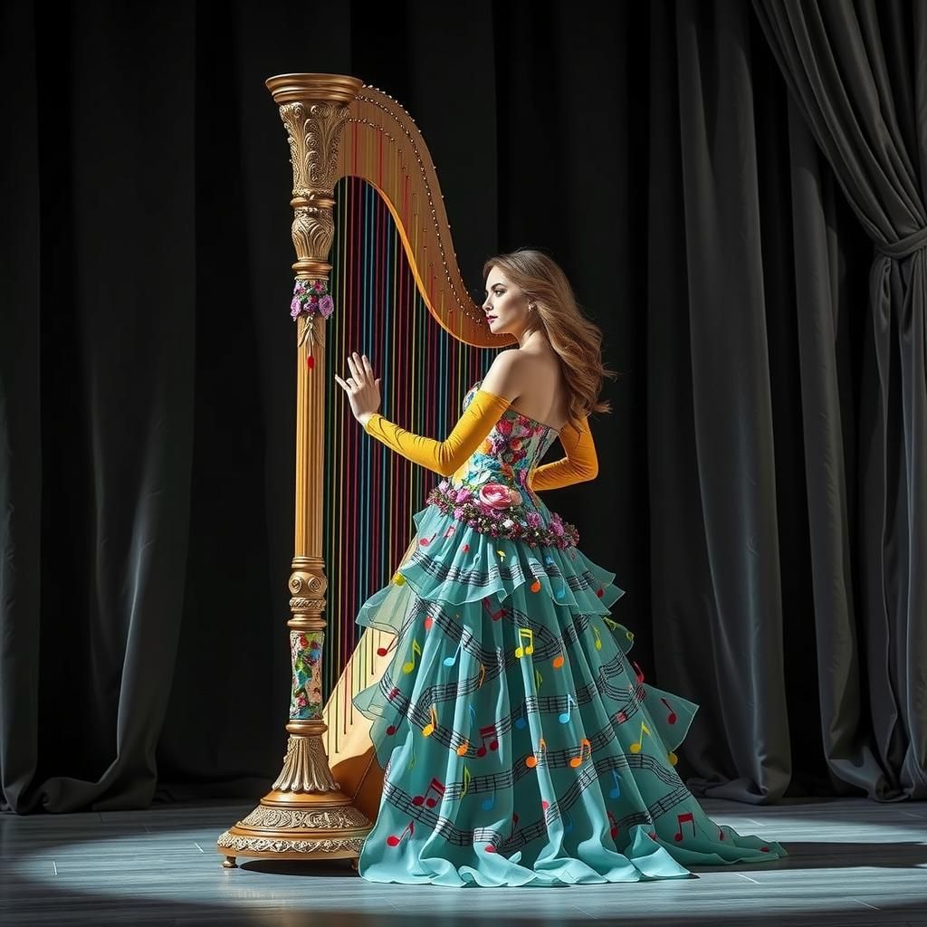 Musical Woman Integrated with Harp on Stage