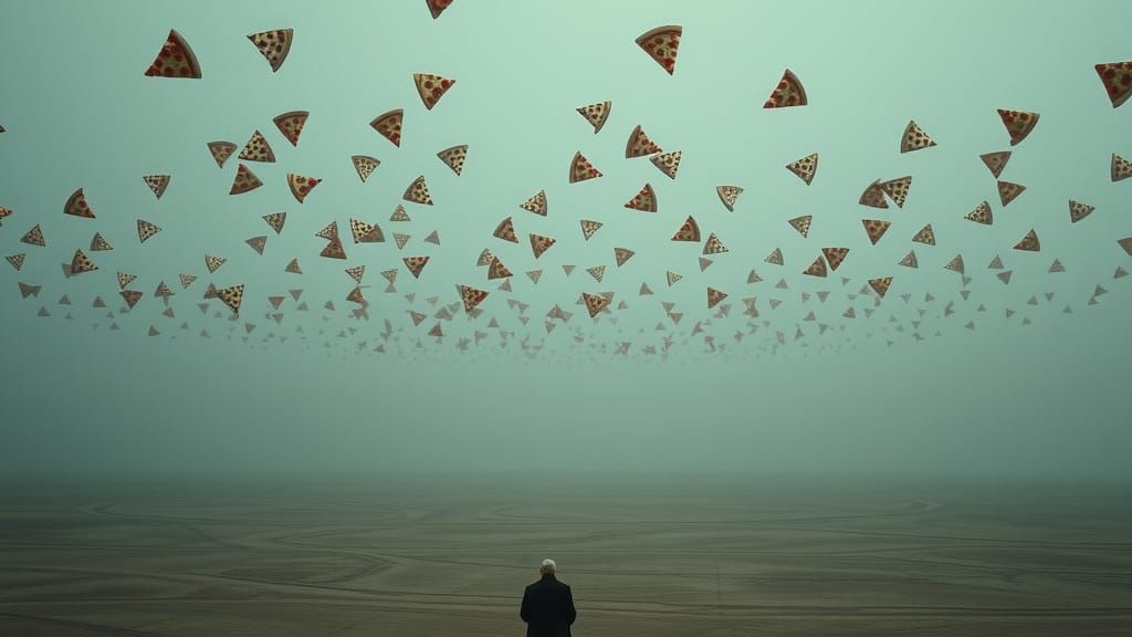 Alien Sky with Migratory Pizza Slices: Photorealistic Image