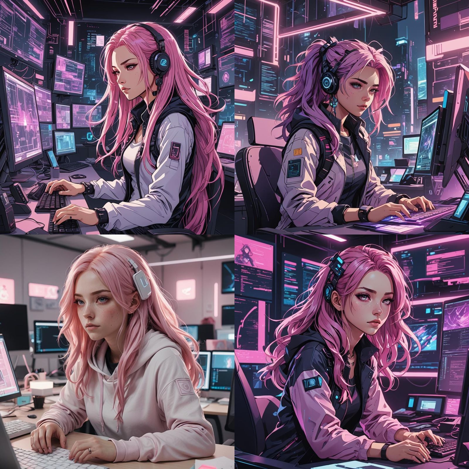 Anime Girl Coder in Cyberpunk Setting
