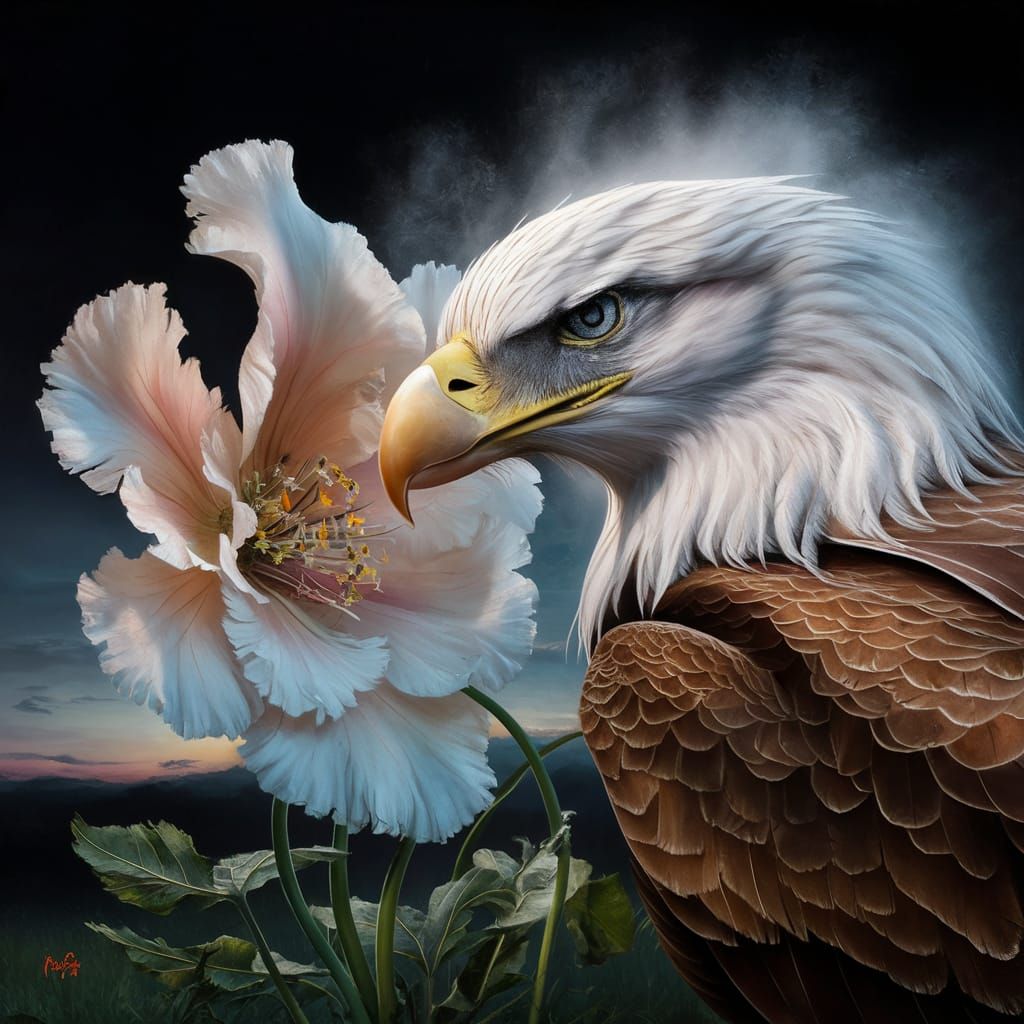 Magnificent Eagle and Vibrant Flower in Oil Painting