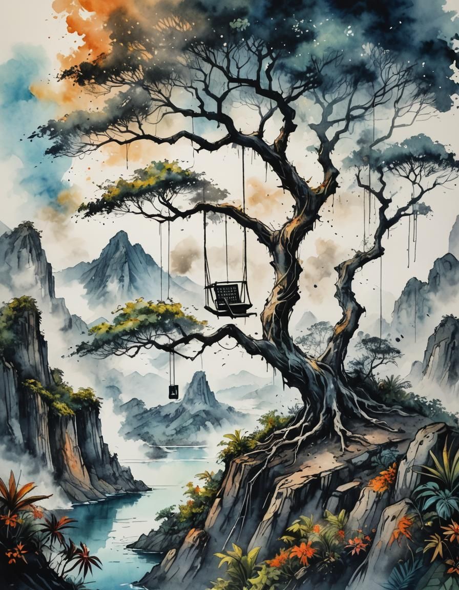 Tropical Tree Swing: Watercolor and Ink Fantasy