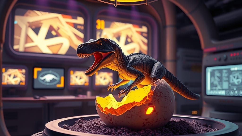 Emerging Dinosaur in Futuristic Lab, Inspired by Dark Fantas...