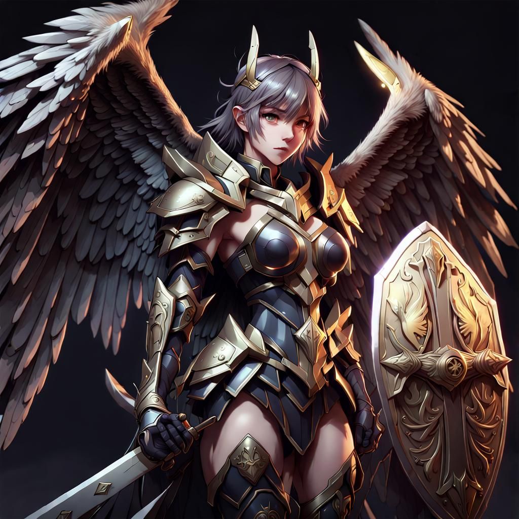 dark angel holding a big Shield and sword