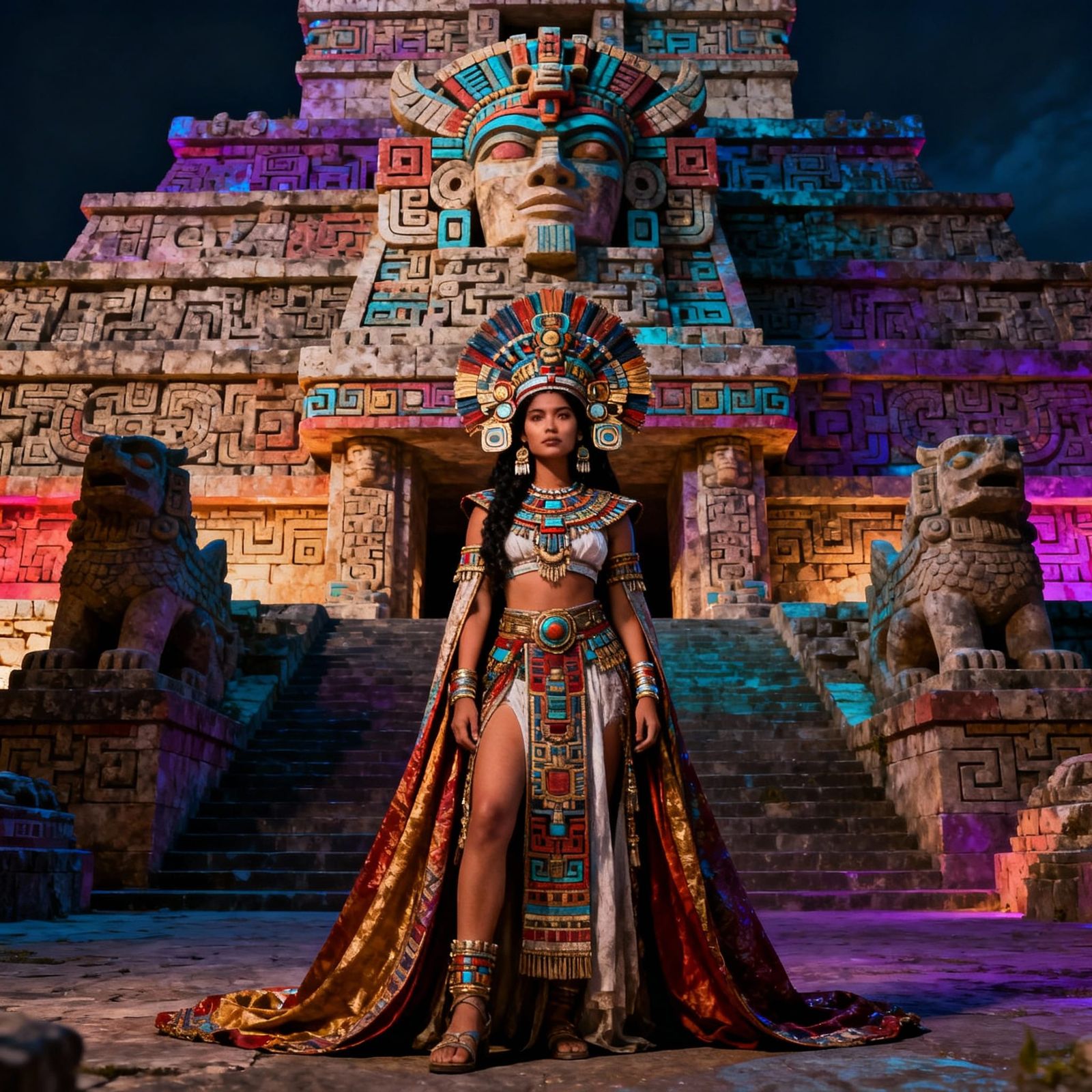 Aztec Princess Before Temple in Deep Colors