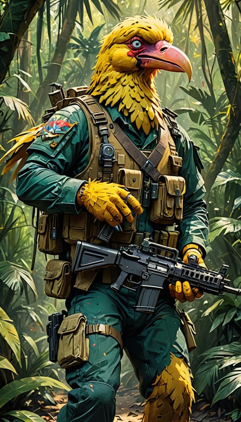 Big Bird from Sesame Street, he is dressed as a mercenary so...