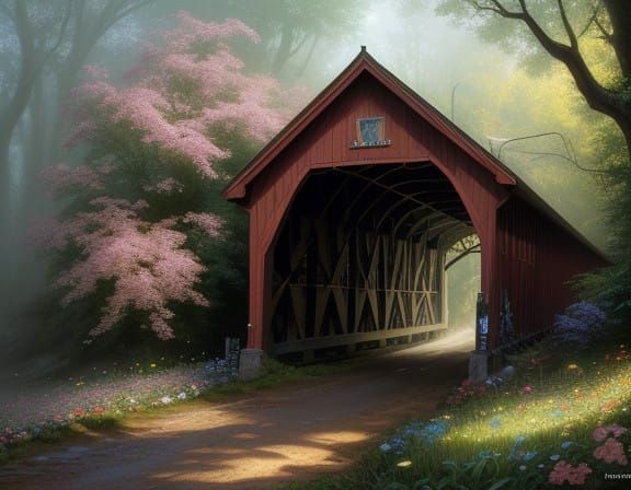 Enchanted Forest Covered Bridge in Whimsical Splendor