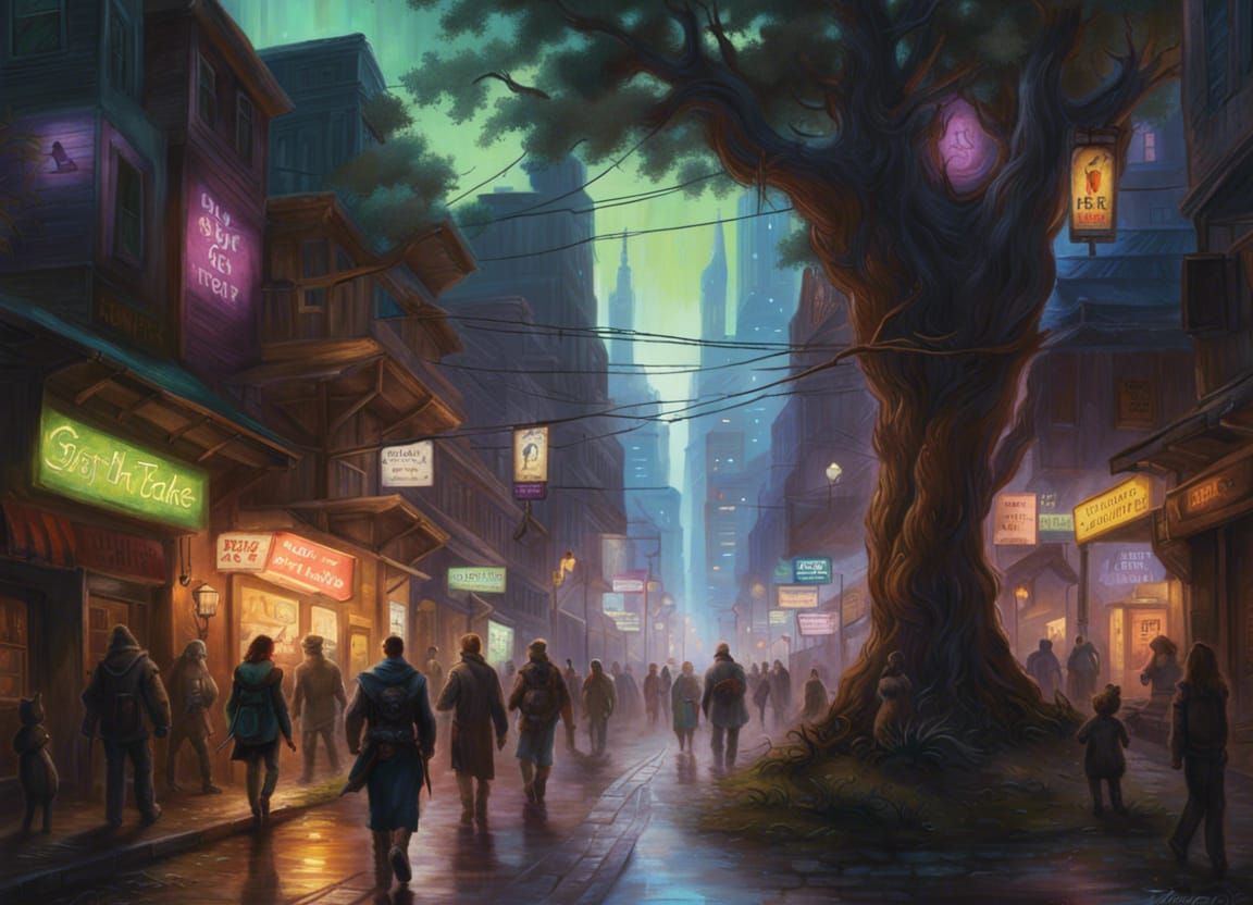 Neon Fantasy Cityscape with Anthropomorphic Animals