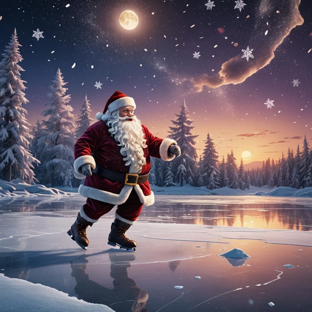 Santa Claus Ice Skating on Frozen Lake