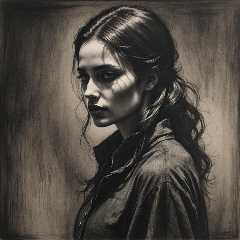 Monochromatic Charcoal Drawing of a Shadow Woman