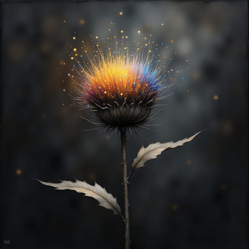 Mystical Teasel Charcoal Matte Painting With Glowing Color S...