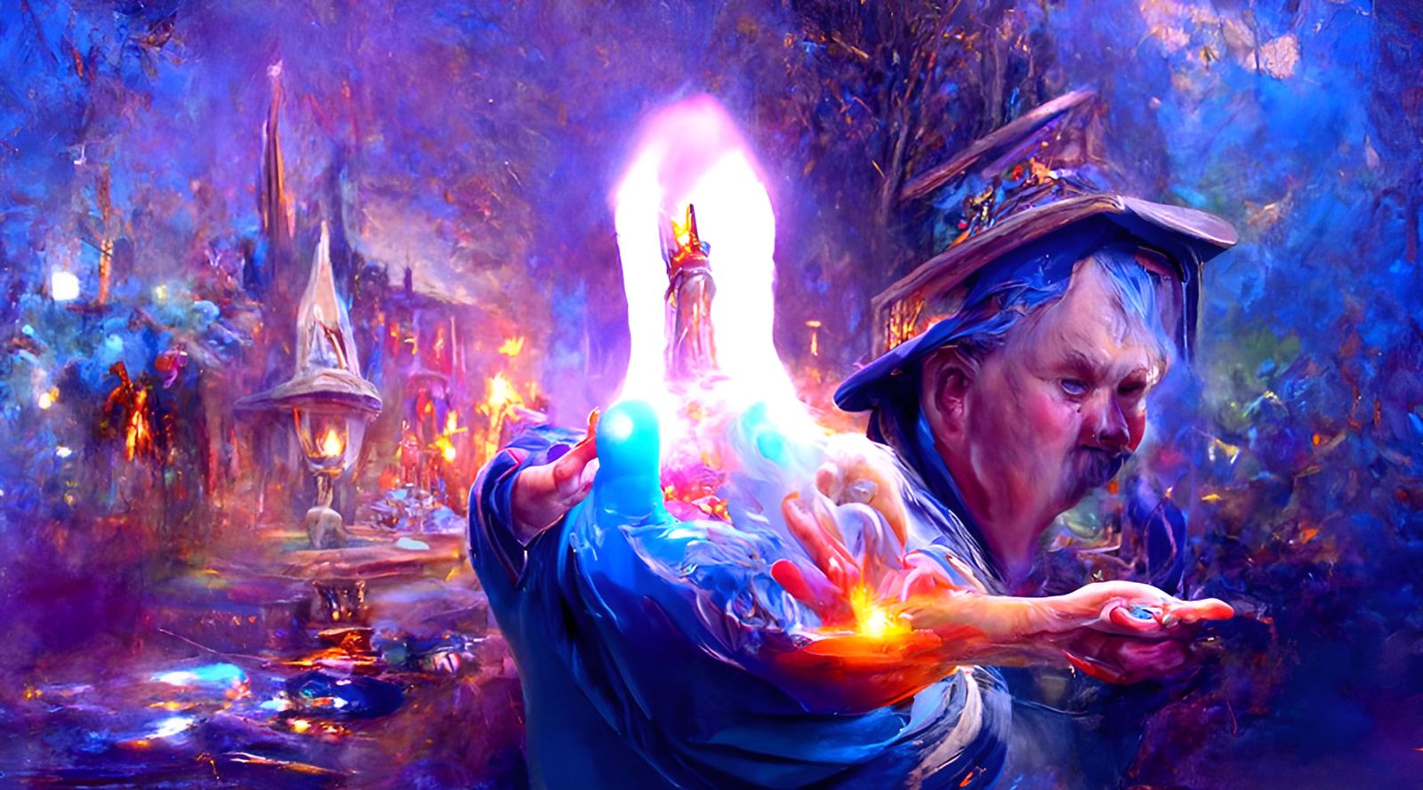 Sorcerer Unleashing Blue Flame in Ethereal Fantasy Style
