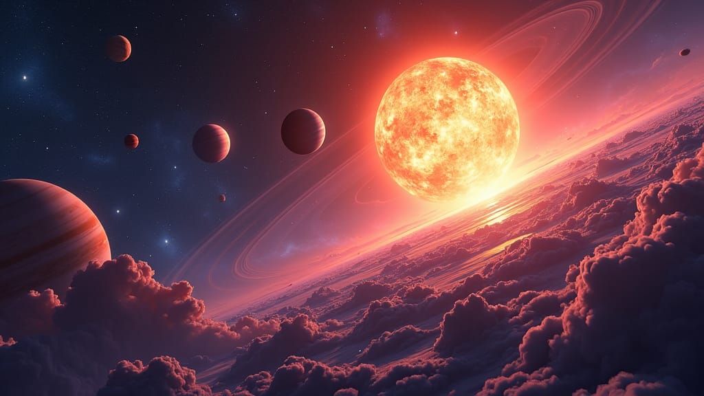Planets Orbiting a Radiant Sun in Futuristic Style