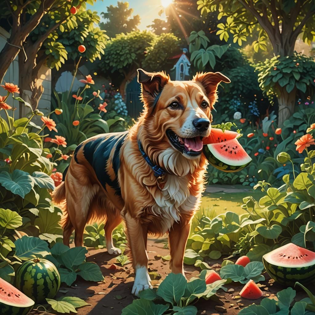 Dog eating watermelon.