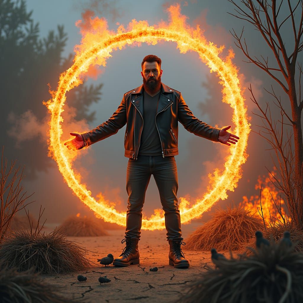 Inferno Portrait: Man Amidst Burning Landscape