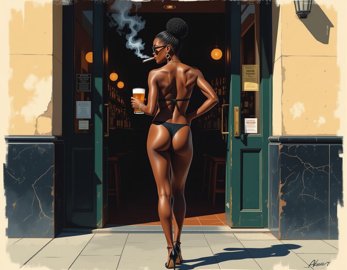 Woman at Neon Bar Entrance in Duotone Aesthetic