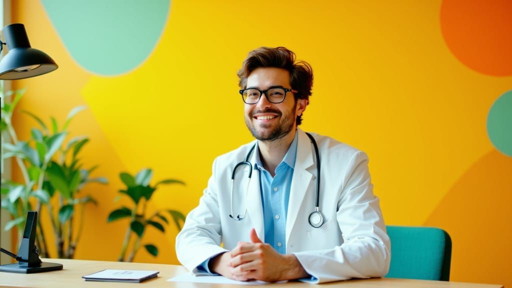 Cheerful Doctor in Podcast Studio, Cinematic Style