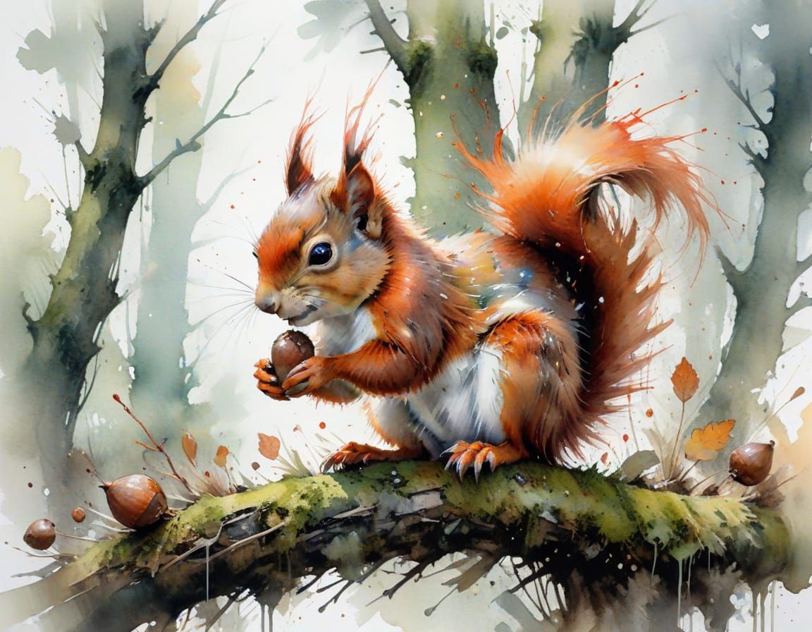Red Squirrel with Acorn in Morning Forest Light, Watercolour...
