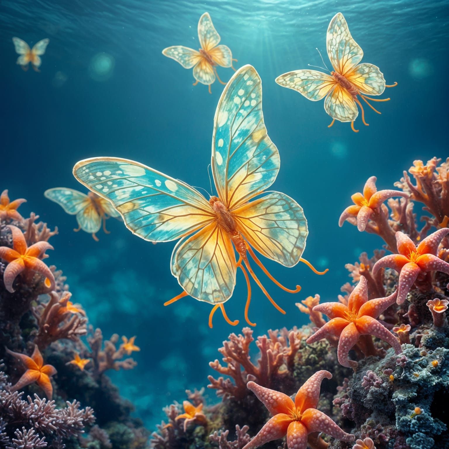 Surreal Underwater Scene: Tentacled Butterflies and Coral