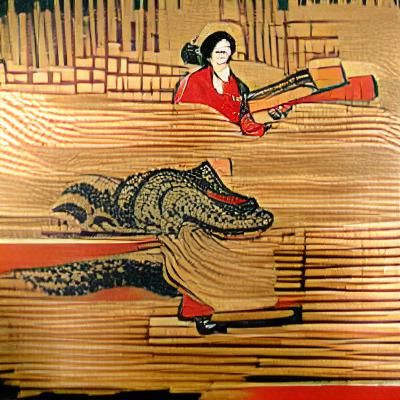 Geisha Serving Alligator in Woodcut Style