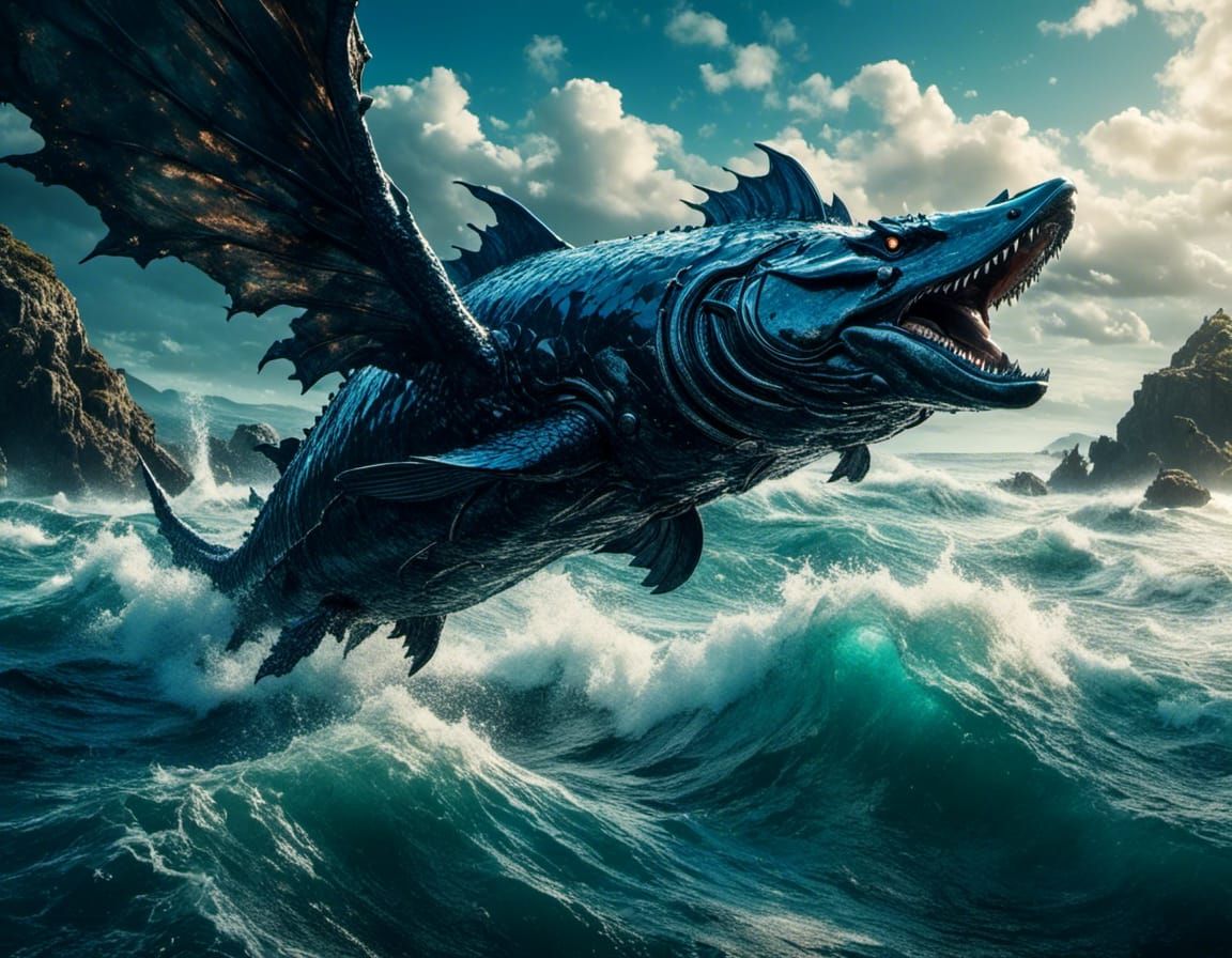 Coelacanth-Wyvern in Flight: Cinematic Visual