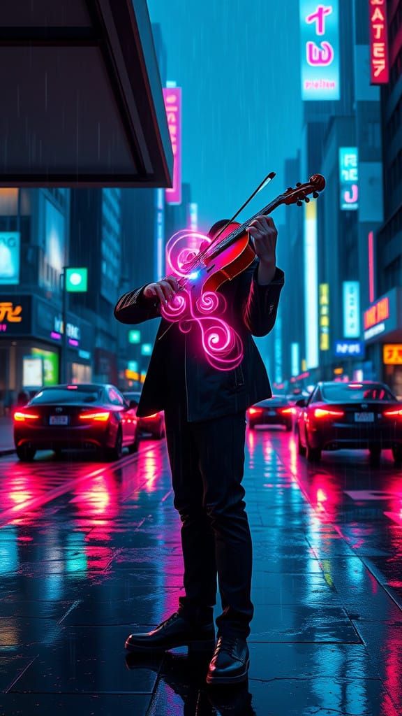 Cyberpunk Cityscape with Swirling Patterns and Glowing Violi...