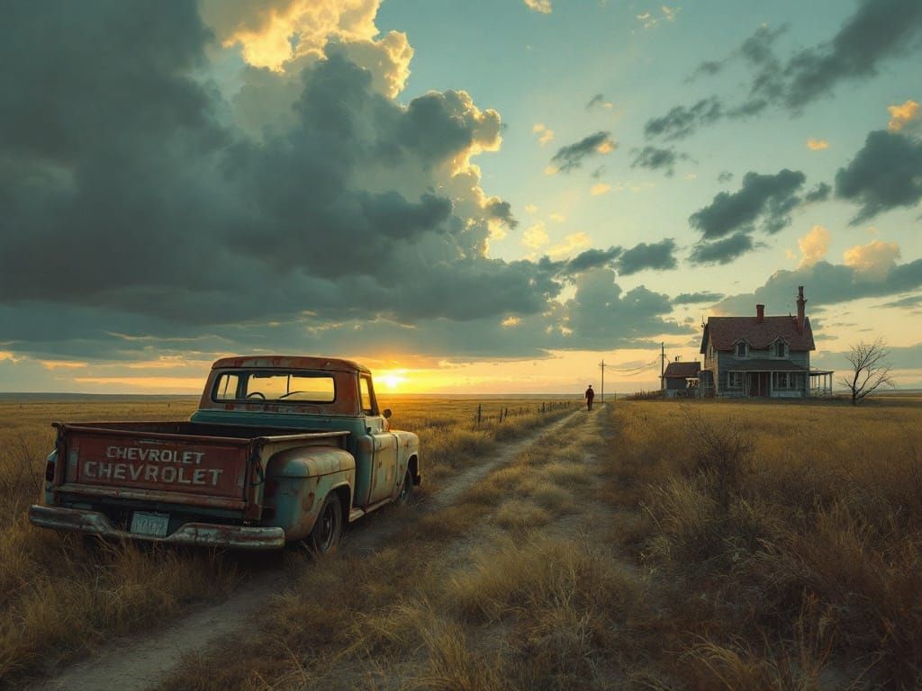 Melancholic Americana: Prairie Dusk with Abandoned Truck