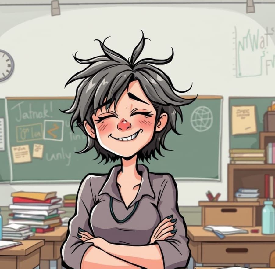 Cartoon Teacher in Messy Classroom: End of Day