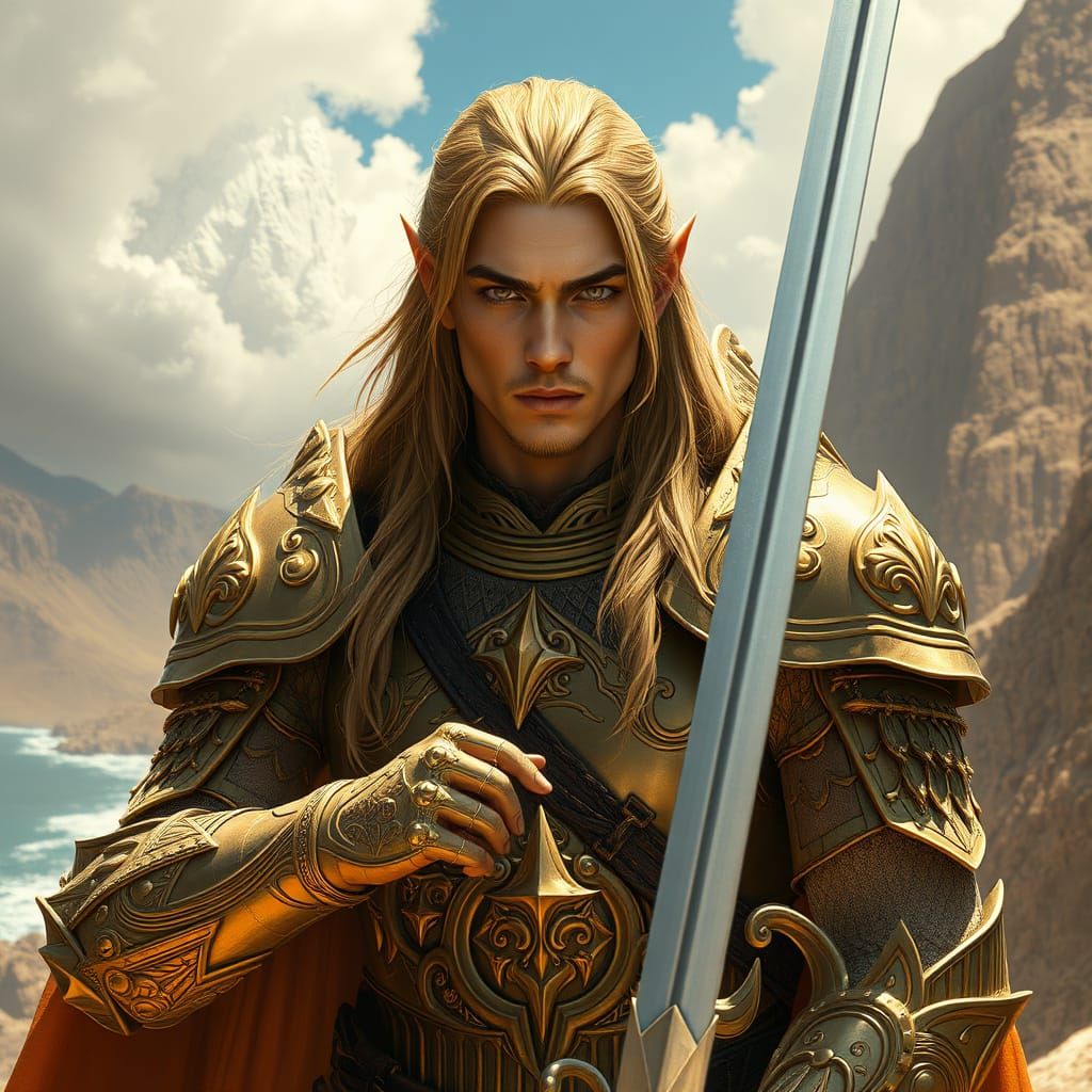 Golden Guard High Elf Swordsman on Coastal Background