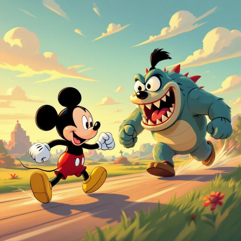 Mickey Mouse Flees Monster in Rubber-Hose Animation Style