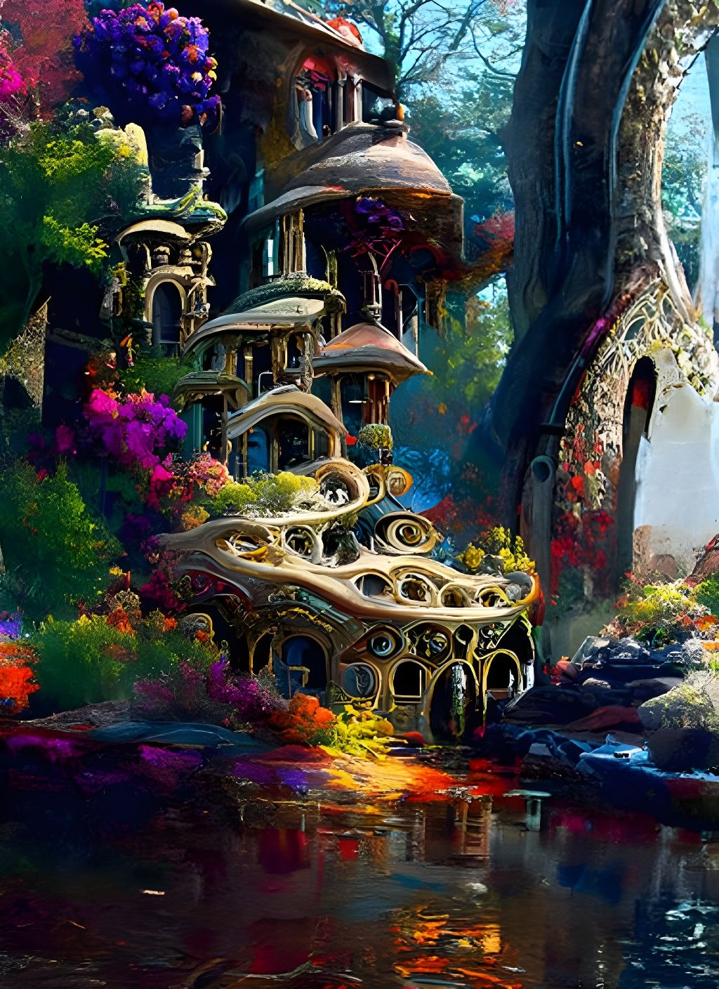 Whimsical Faerie Village Treehouse with Water Reflections