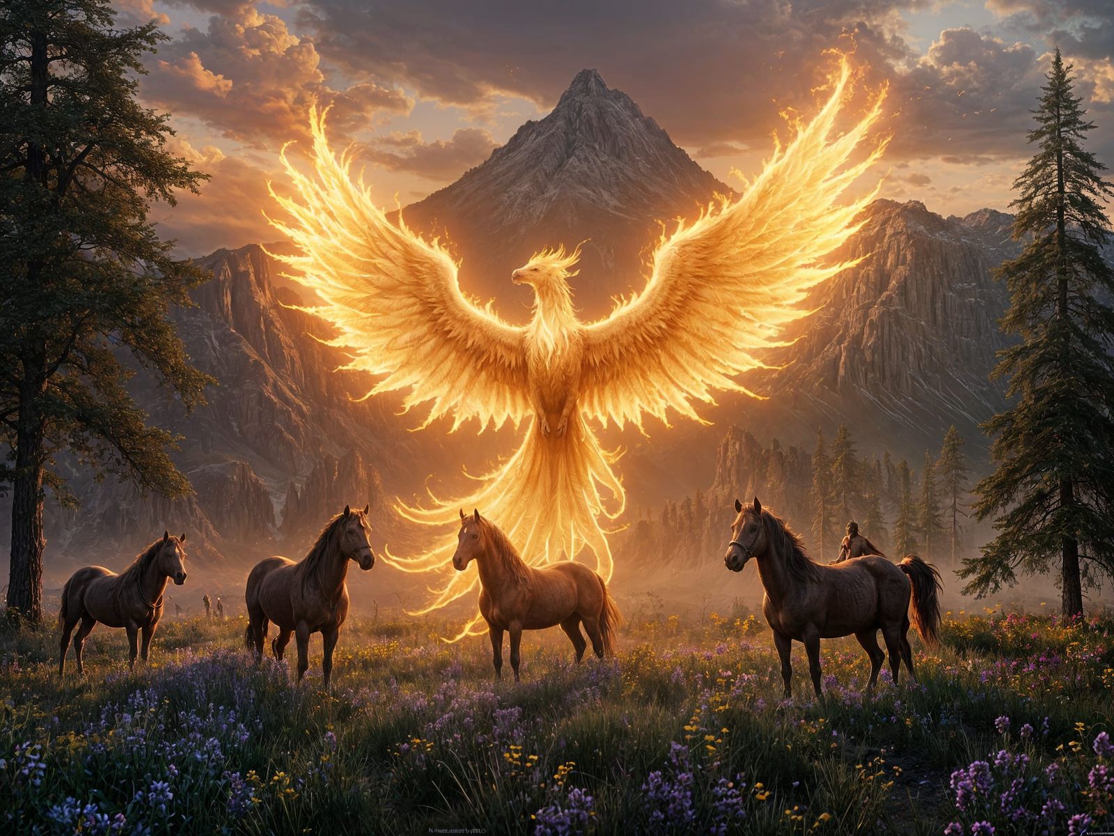 Flaming Phoenix and Wild Horses in Dark Fantasy Art