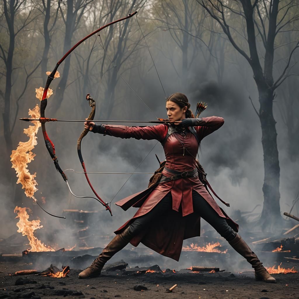 Young Archer Leaping Through Fire and Smoke
