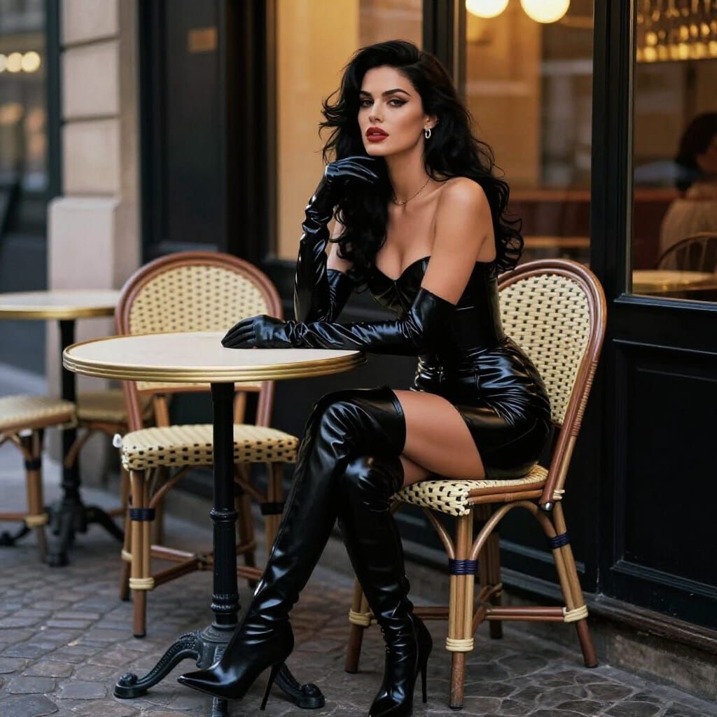 Woman in Latex at Parisian Cafe, Film Noir Style
