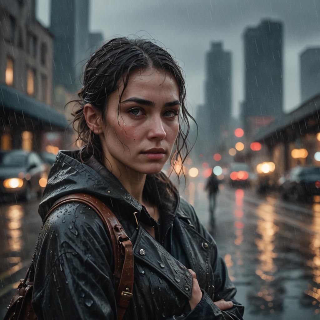Young Woman in Rainy Cityscape: Photorealistic Portrait