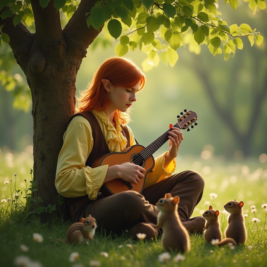 Elven Man Plays Mandolin in Sunlit Meadow