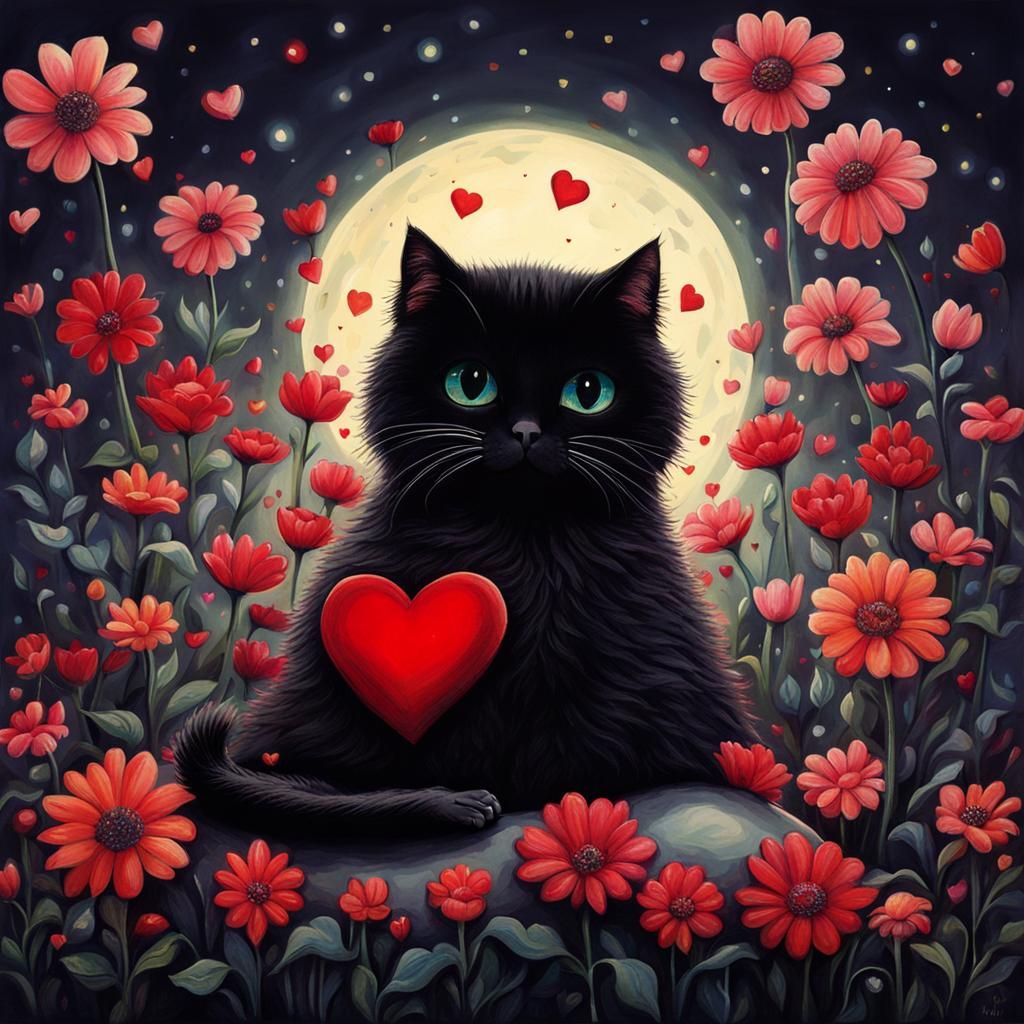 Cute Cat Among Flowers in Dark Fantasy Style
