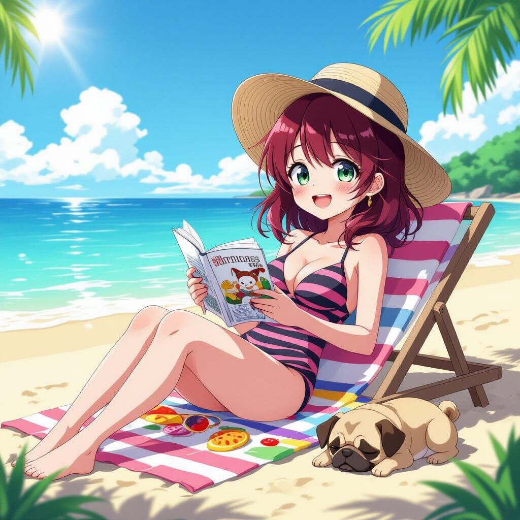 Crimson-Haired Woman on Beach in Anime Style