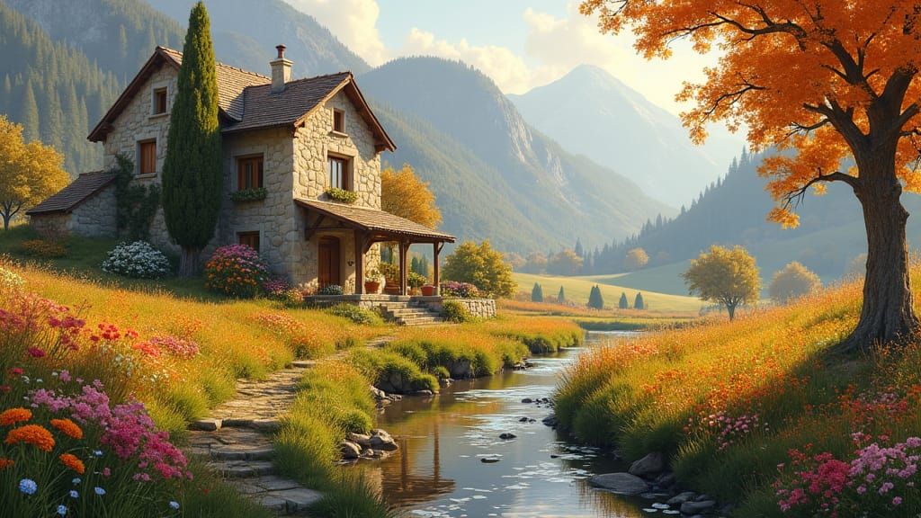 Mediterranean Stone House in Autumn Landscape