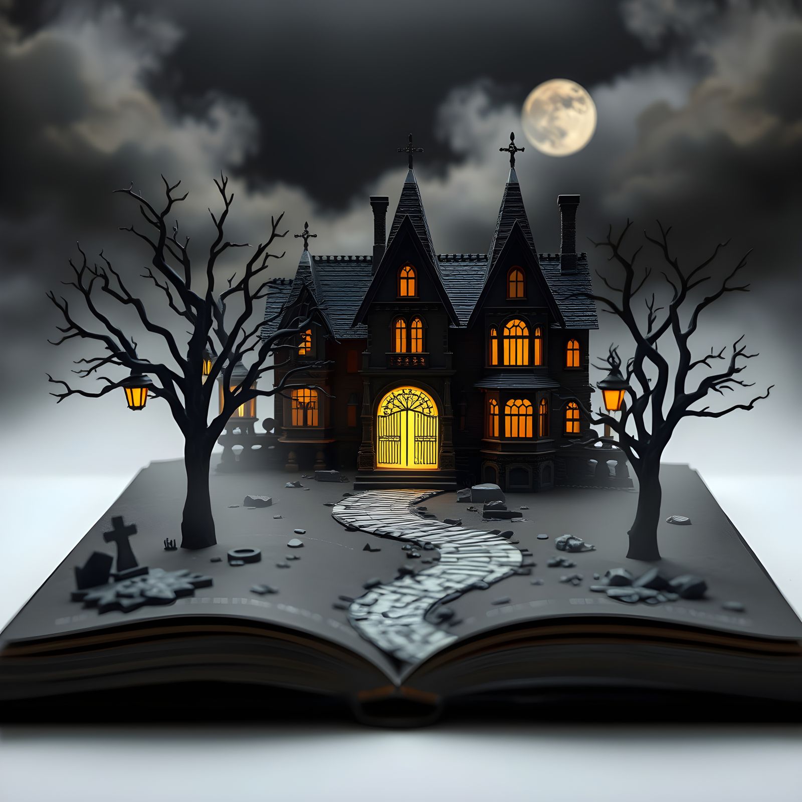 Gothic Haunted Mansion Popup Book in Papercraft Style