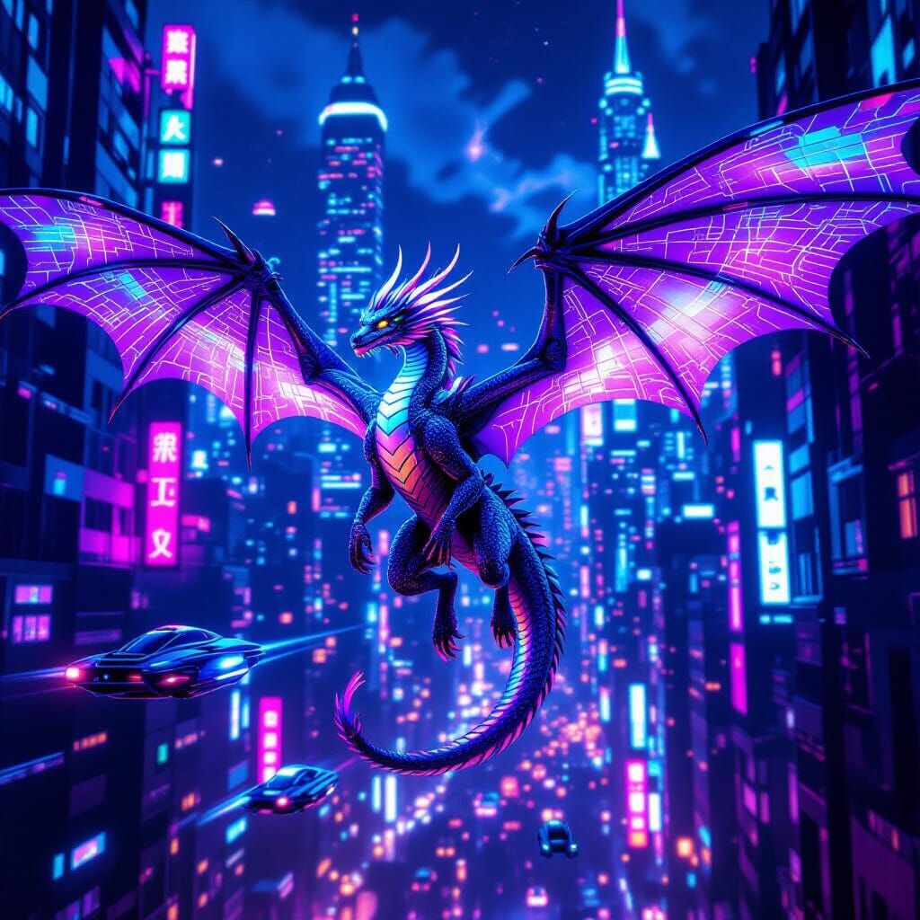 Cyberpunk Dragon Soaring Through Neon Cityscape